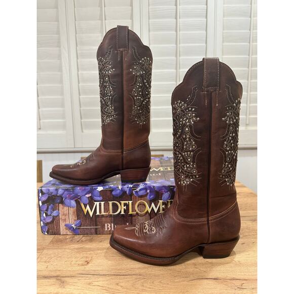 Wildflowers Bluebonnet Cedro Embroidered Cowboy Boots Brown Leather Size 7 NIB - Picture 3 of 16